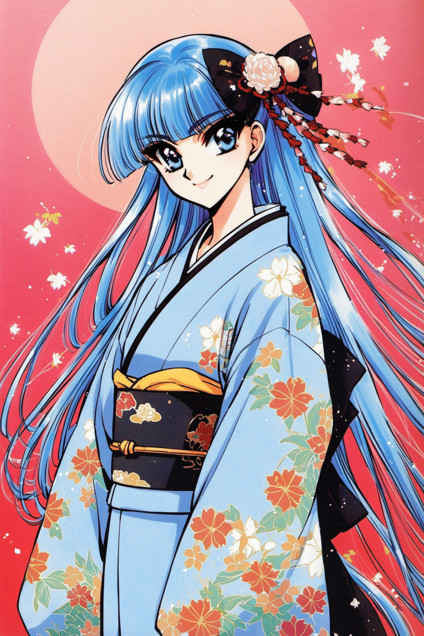 25989-3584780703-Ryuuzaki Umi,1girl,japanese clothes,solo,kimono,blue hair,blue eyes,long hair,retro artstyle,1990s _(style_),hair bow,bow,smile,.png